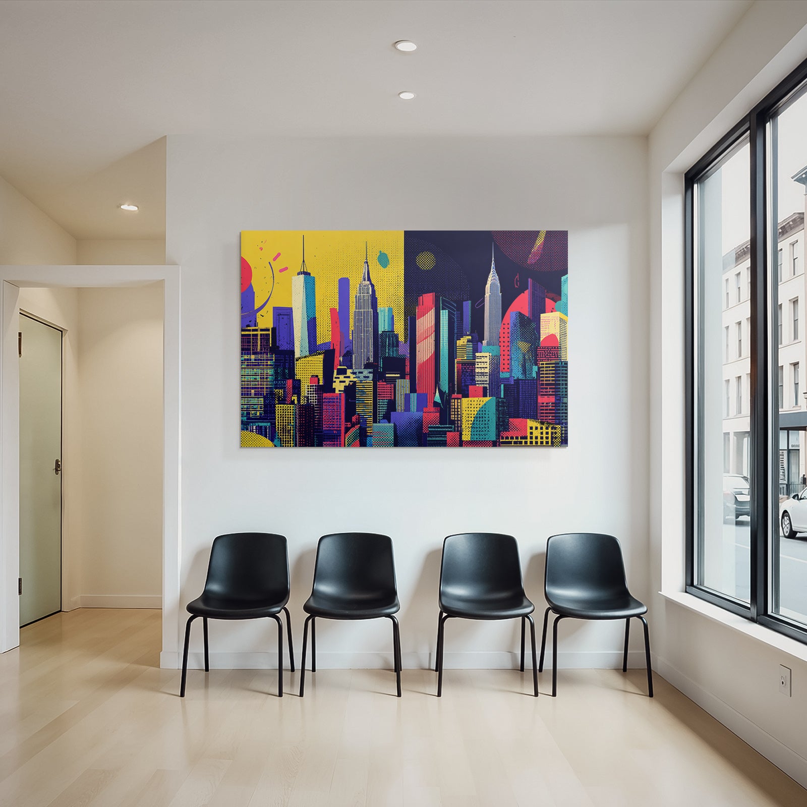 PopArt Kunstvolle Stadtlandschaft Mit Wolkenkratzern Und Fantasievoller Architektur
