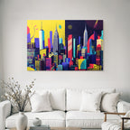 PopArt Kunstvolle Stadtlandschaft Mit Wolkenkratzern Und Fantasievoller Architektur