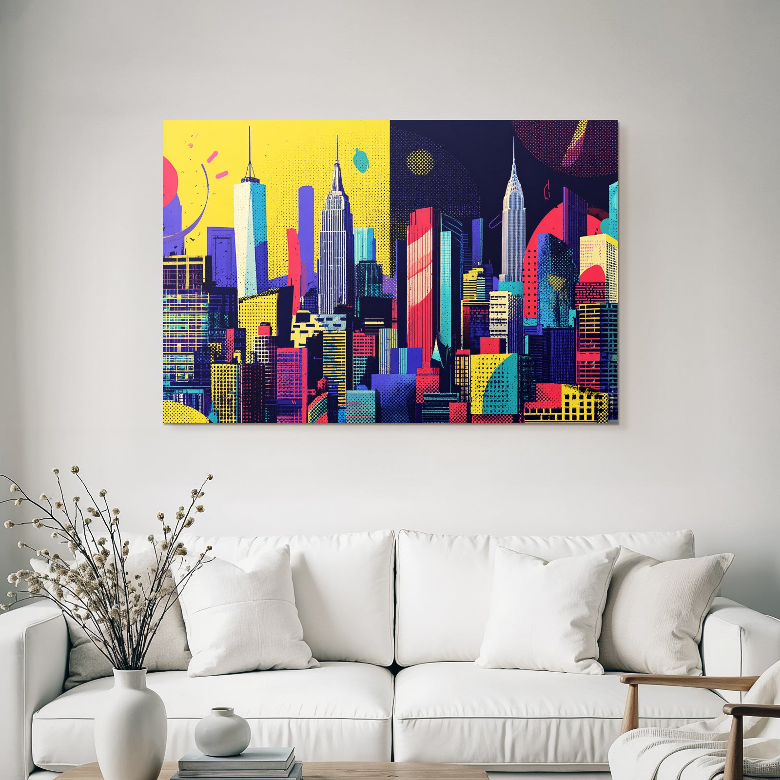 PopArt Kunstvolle Stadtlandschaft Mit Wolkenkratzern Und Fantasievoller Architektur