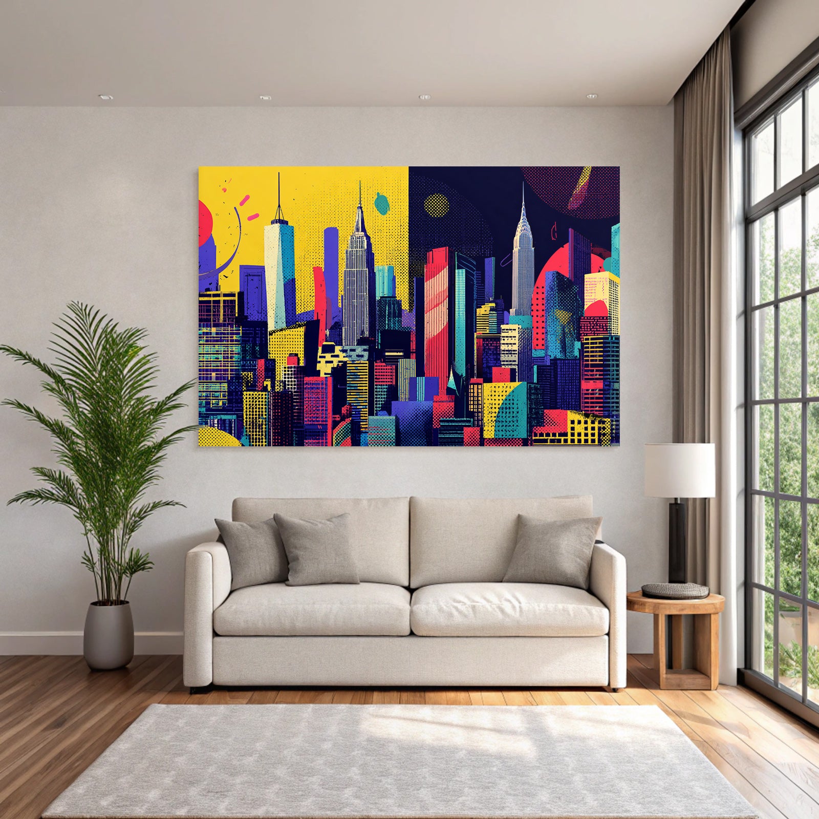 PopArt Kunstvolle Stadtlandschaft Mit Wolkenkratzern Und Fantasievoller Architektur