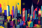 PopArt Kunstvolle Stadtlandschaft Mit Wolkenkratzern Und Fantasievoller Architektur | Pop Art | Stilrichtungen