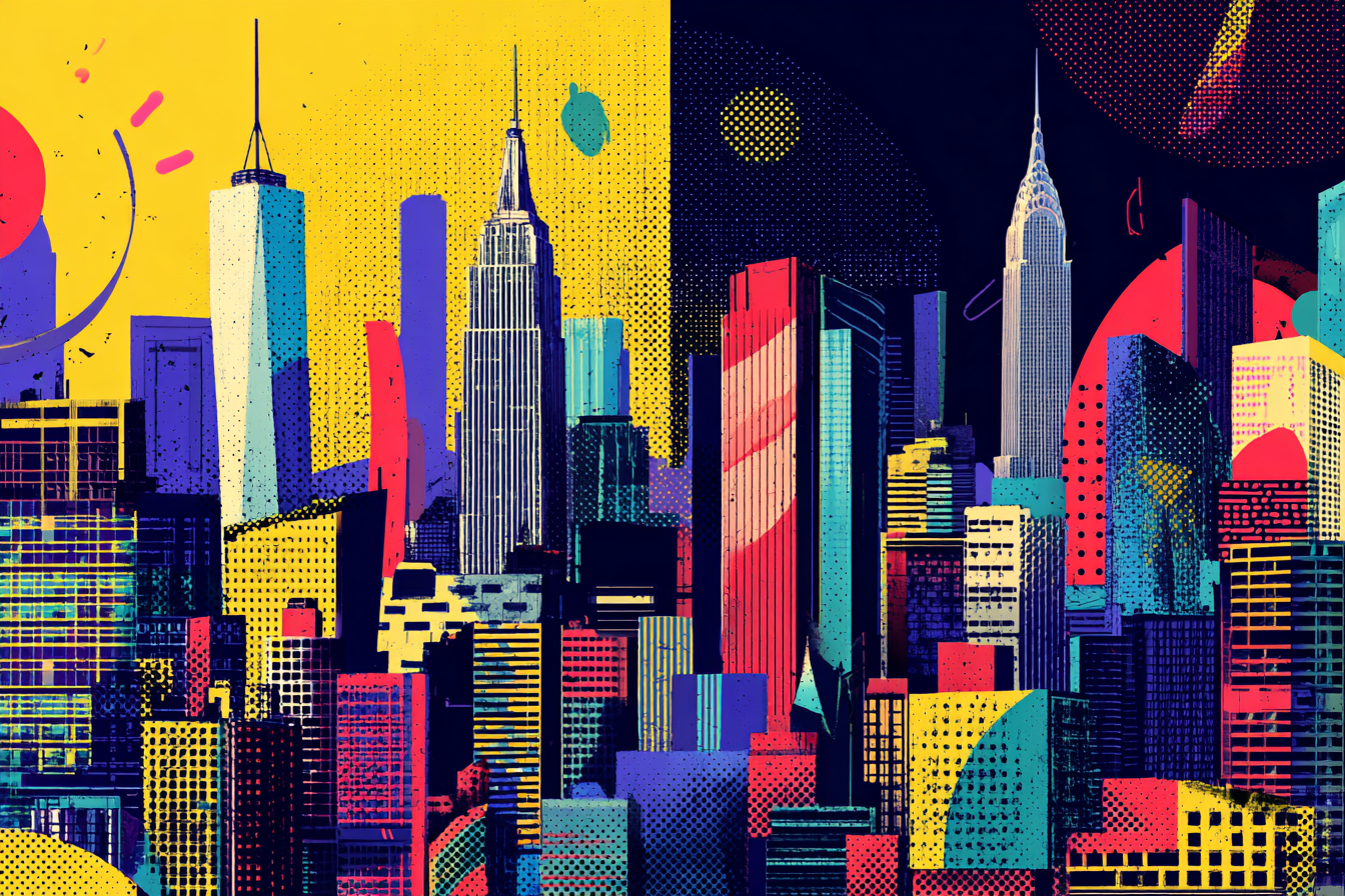 PopArt Kunstvolle Stadtlandschaft Mit Wolkenkratzern Und Fantasievoller Architektur | Pop Art | Stilrichtungen