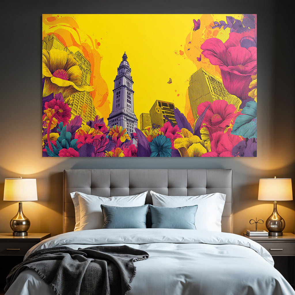 PopArt Markantes Gebaeude Mit Uhrturm Und Bunten Blumen Sowie Schmetterlingen