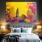 PopArt Markantes Gebaeude Mit Uhrturm Und Bunten Blumen Sowie Schmetterlingen