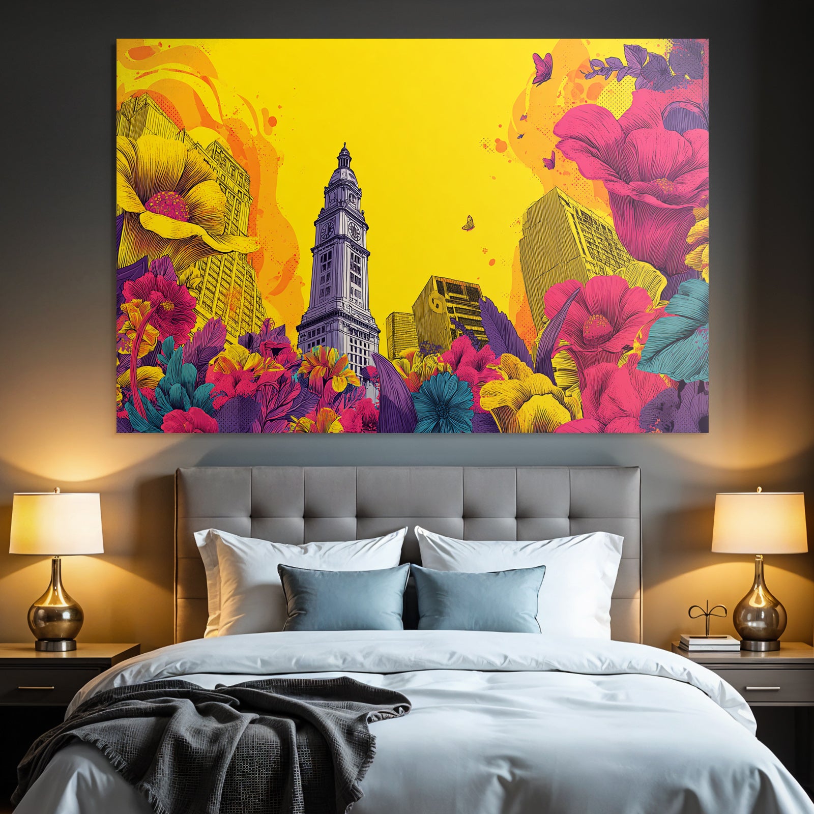 PopArt Markantes Gebaeude Mit Uhrturm Und Bunten Blumen Sowie Schmetterlingen