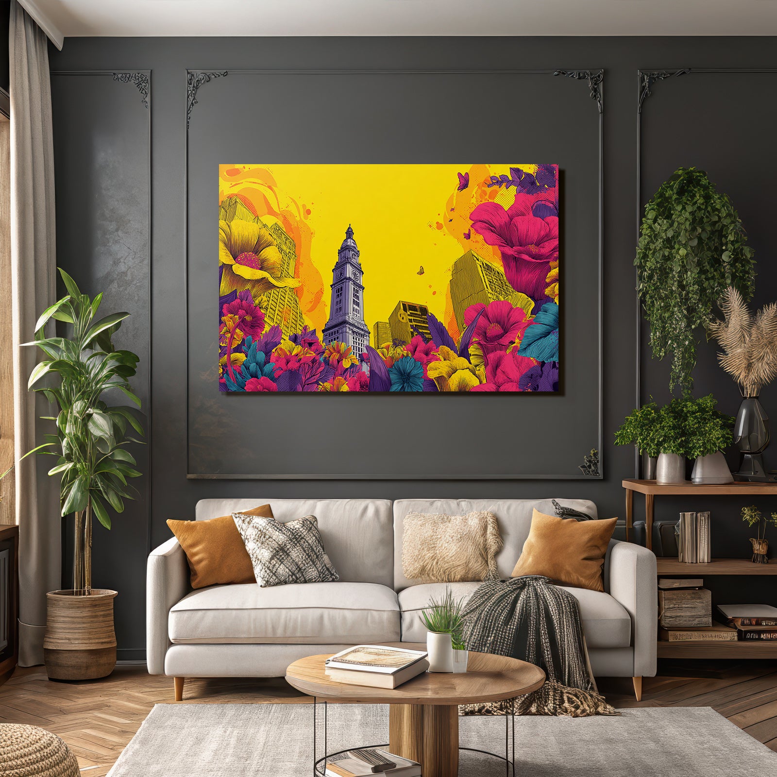 PopArt Markantes Gebaeude Mit Uhrturm Und Bunten Blumen Sowie Schmetterlingen