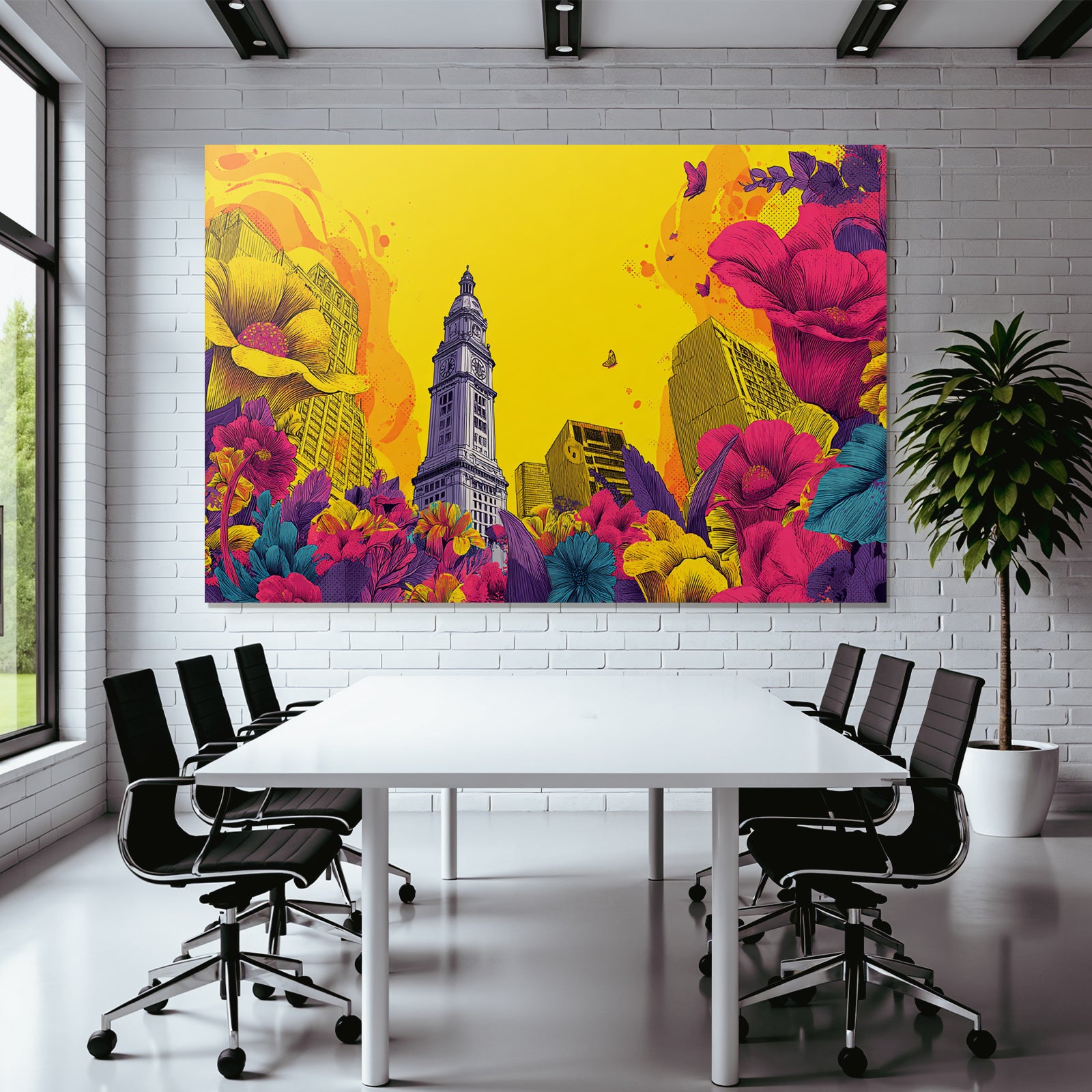 PopArt Markantes Gebaeude Mit Uhrturm Und Bunten Blumen Sowie Schmetterlingen