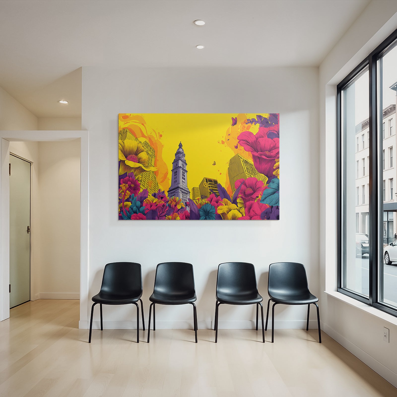 PopArt Markantes Gebaeude Mit Uhrturm Und Bunten Blumen Sowie Schmetterlingen