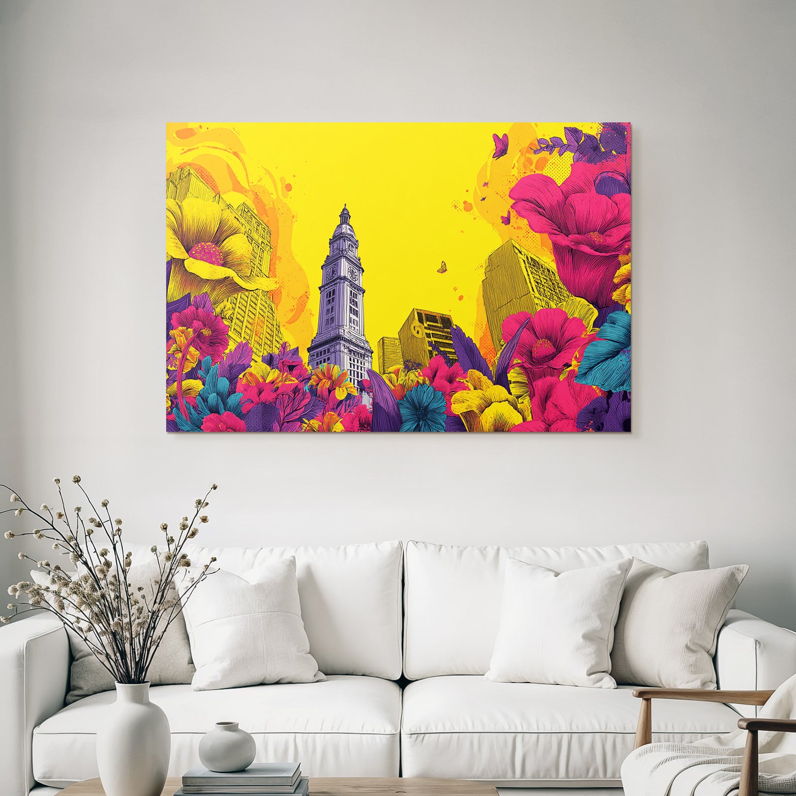PopArt Markantes Gebaeude Mit Uhrturm Und Bunten Blumen Sowie Schmetterlingen