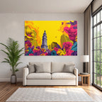 PopArt Markantes Gebaeude Mit Uhrturm Und Bunten Blumen Sowie Schmetterlingen