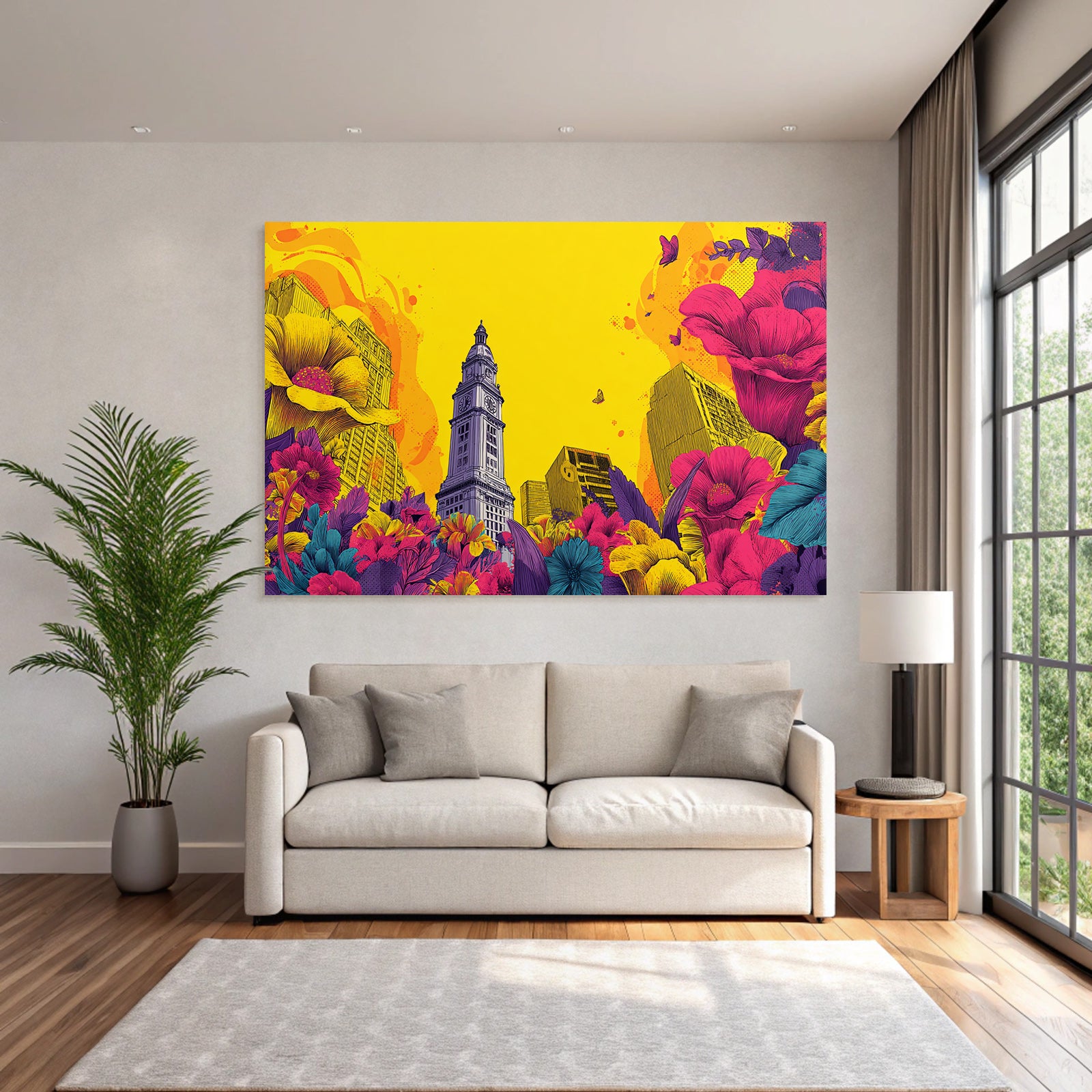 PopArt Markantes Gebaeude Mit Uhrturm Und Bunten Blumen Sowie Schmetterlingen