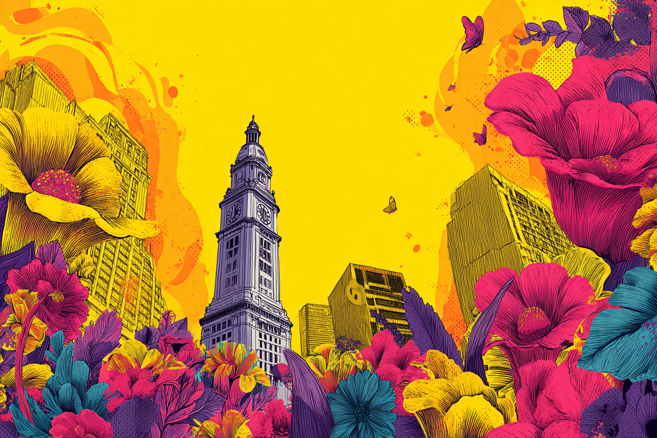 PopArt Markantes Gebaeude Mit Uhrturm Und Bunten Blumen Sowie Schmetterlingen | Pop Art | Stilrichtungen