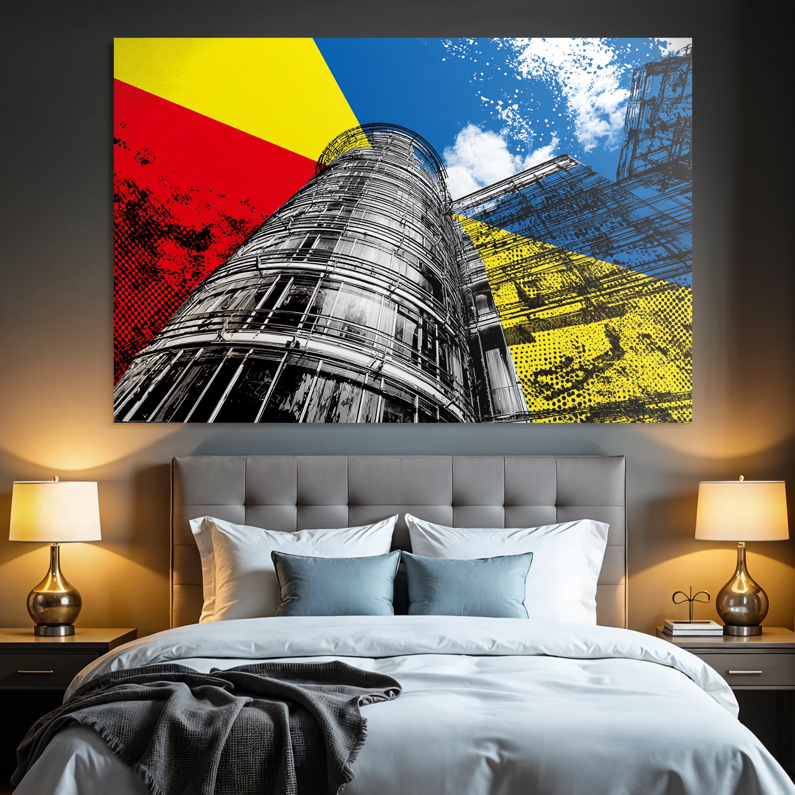 PopArt Modernes Gebaeude Mit Farben Rot Gelb Blau