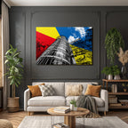 PopArt Modernes Gebaeude Mit Farben Rot Gelb Blau