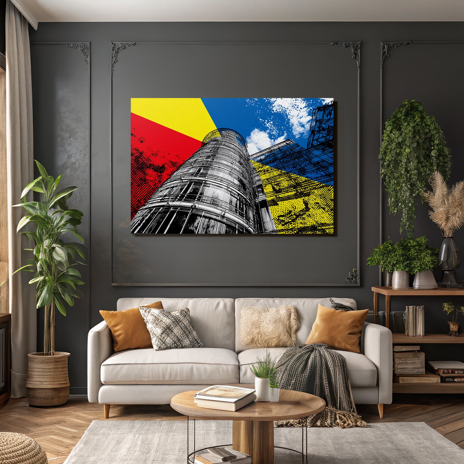 PopArt Modernes Gebaeude Mit Farben Rot Gelb Blau
