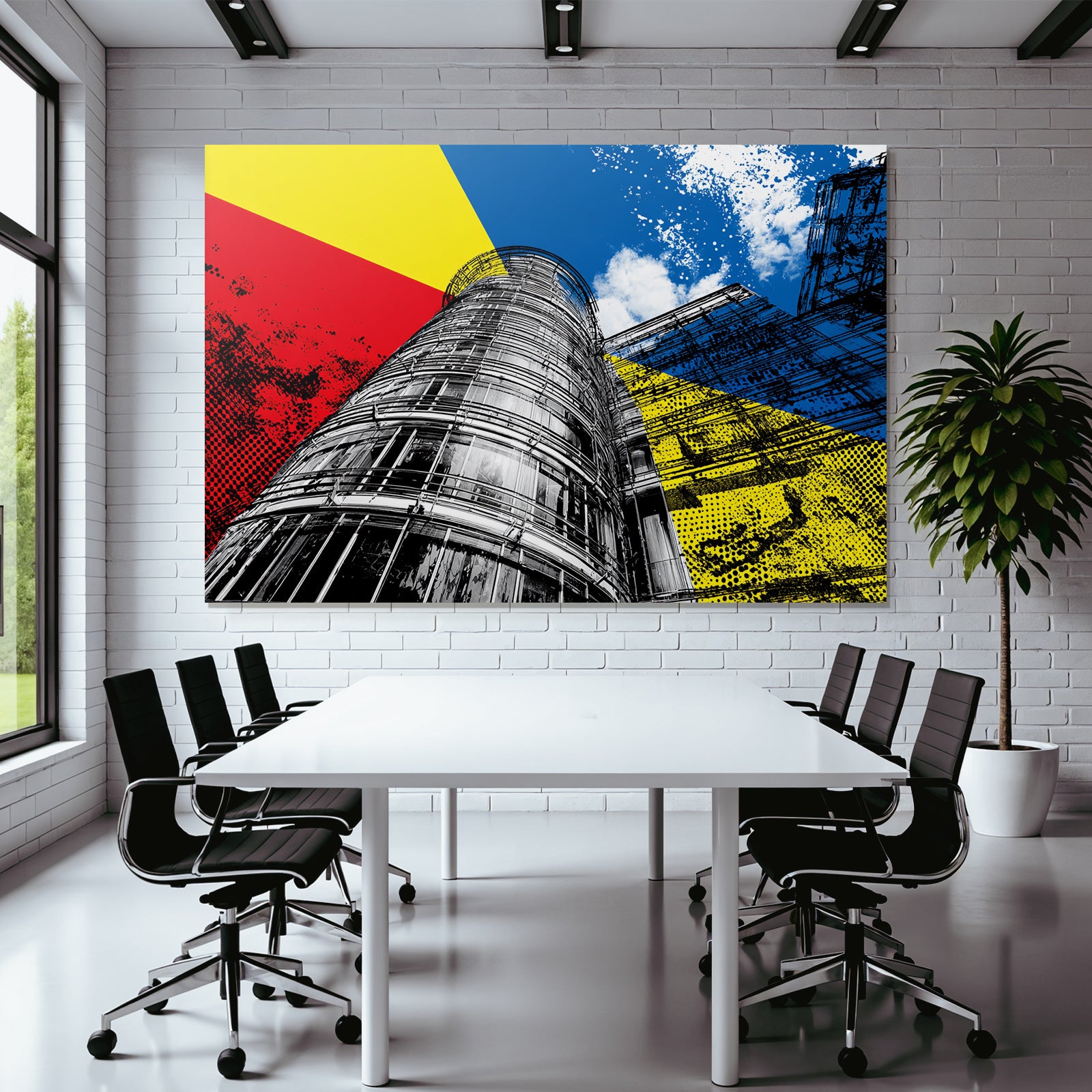 PopArt Modernes Gebaeude Mit Farben Rot Gelb Blau