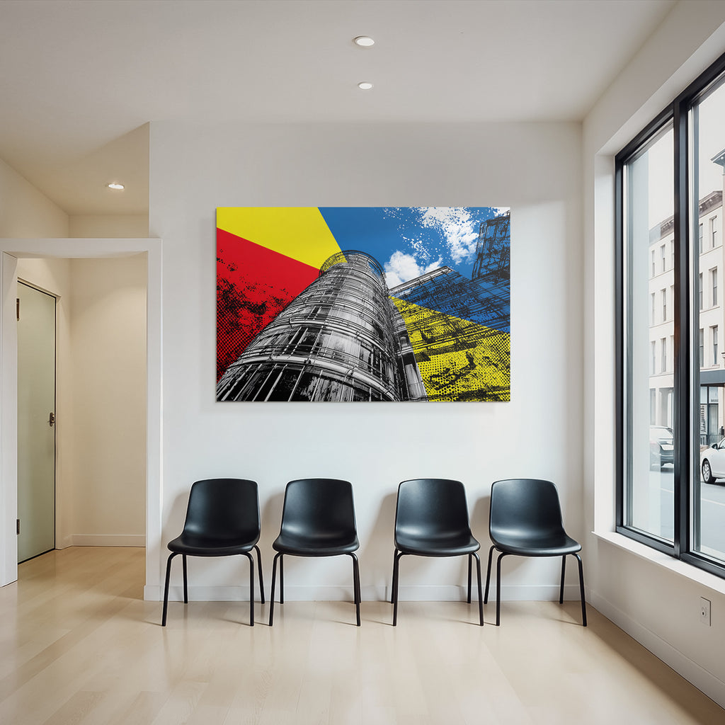 PopArt Modernes Gebaeude Mit Farben Rot Gelb Blau