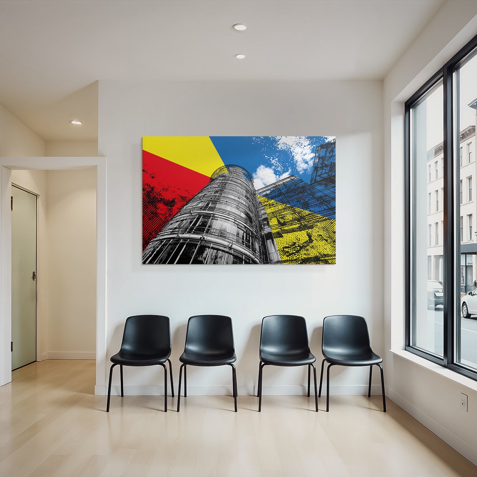 PopArt Modernes Gebaeude Mit Farben Rot Gelb Blau