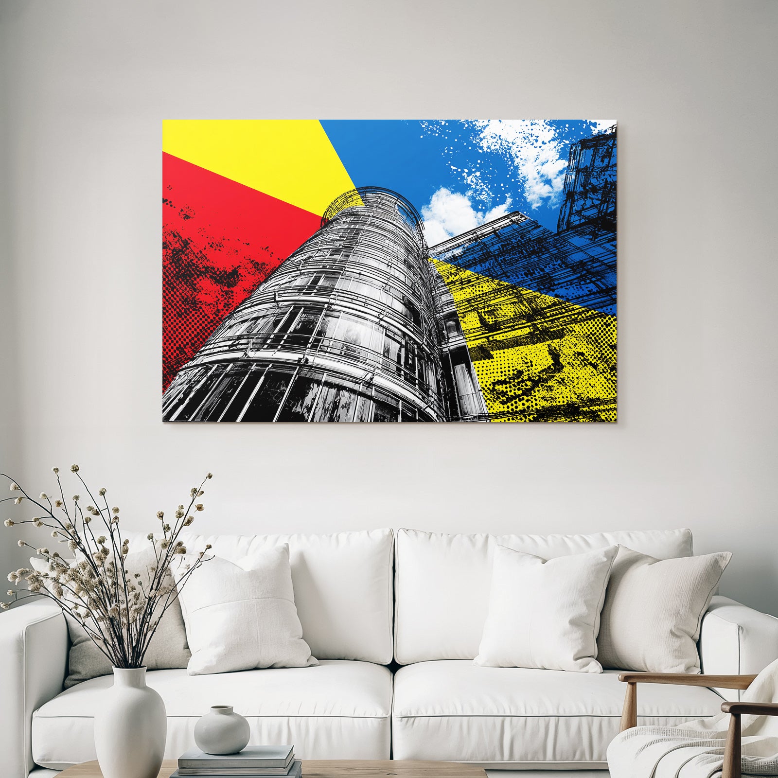 PopArt Modernes Gebaeude Mit Farben Rot Gelb Blau