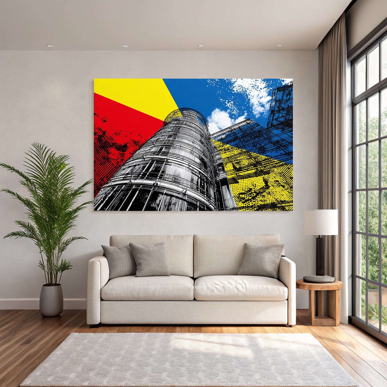 PopArt Modernes Gebaeude Mit Farben Rot Gelb Blau