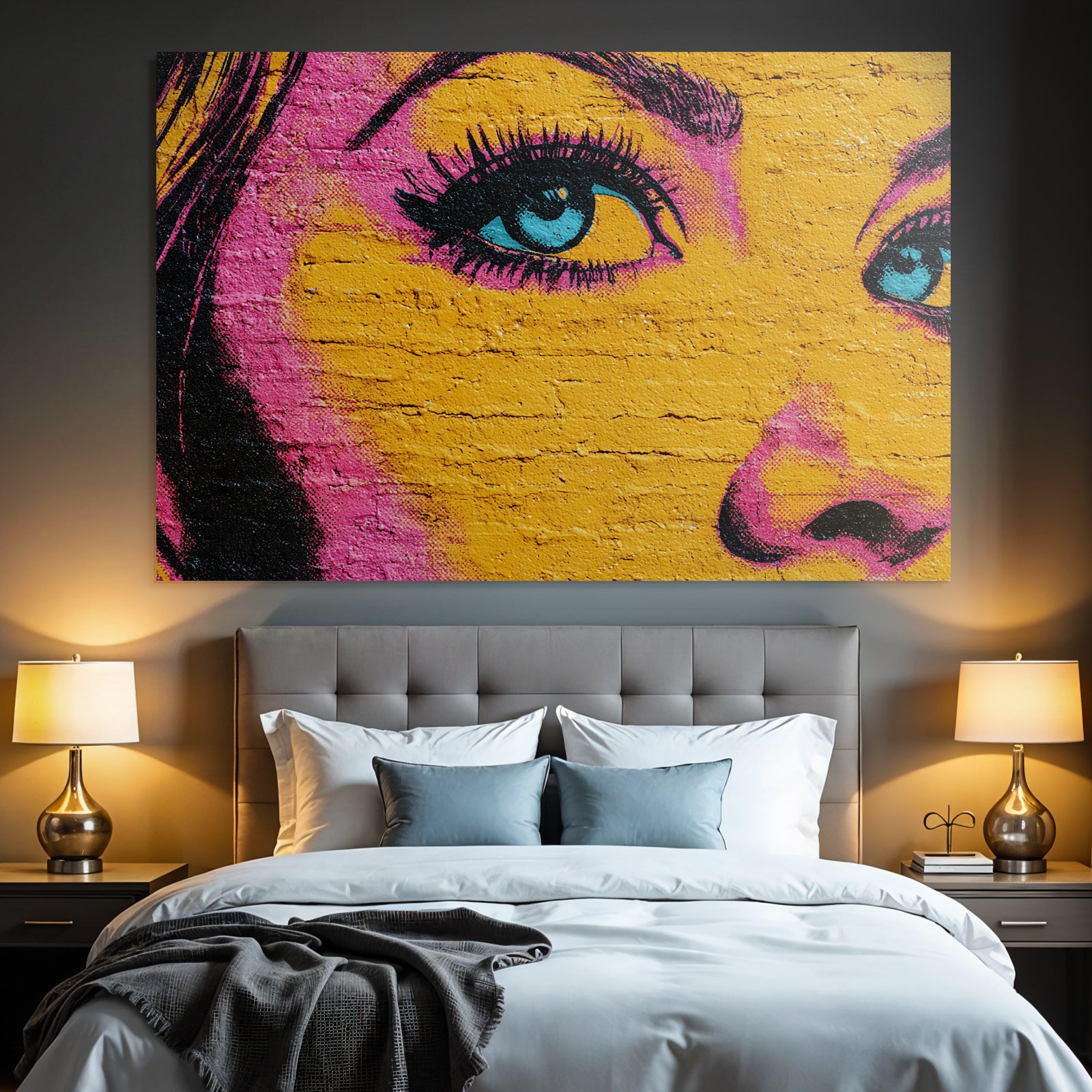 PopArt Nahaufnahme Mural Strassenkunst Stilisiertes Auge Und Gesicht Leuchtende Farben