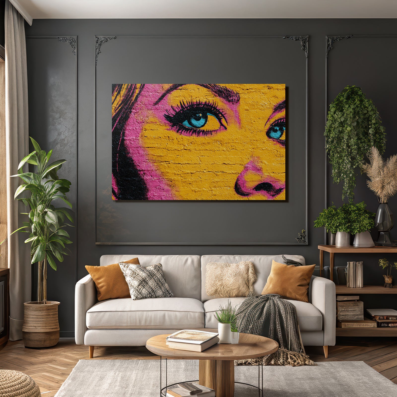 PopArt Nahaufnahme Mural Strassenkunst Stilisiertes Auge Und Gesicht Leuchtende Farben