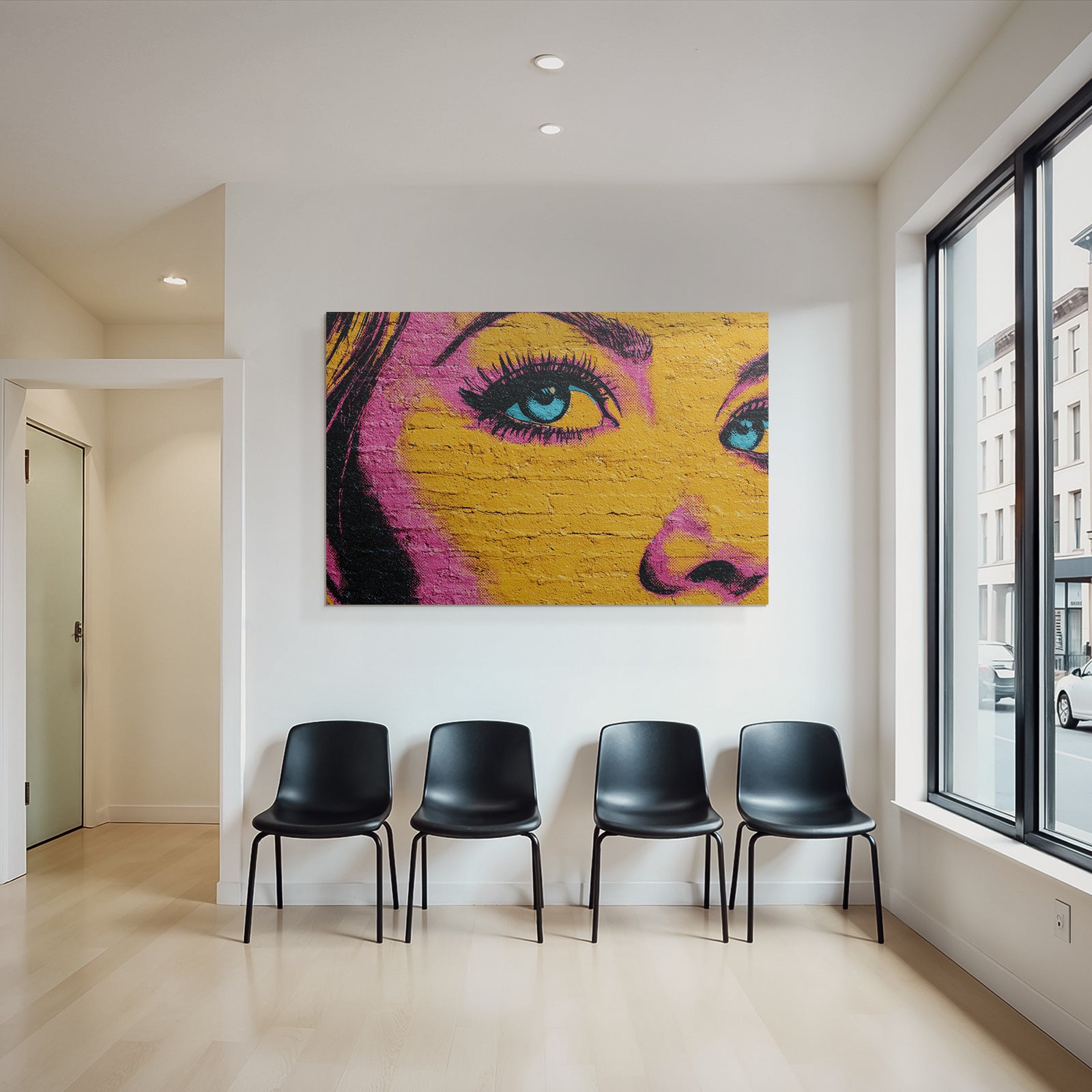 PopArt Nahaufnahme Mural Strassenkunst Stilisiertes Auge Und Gesicht Leuchtende Farben