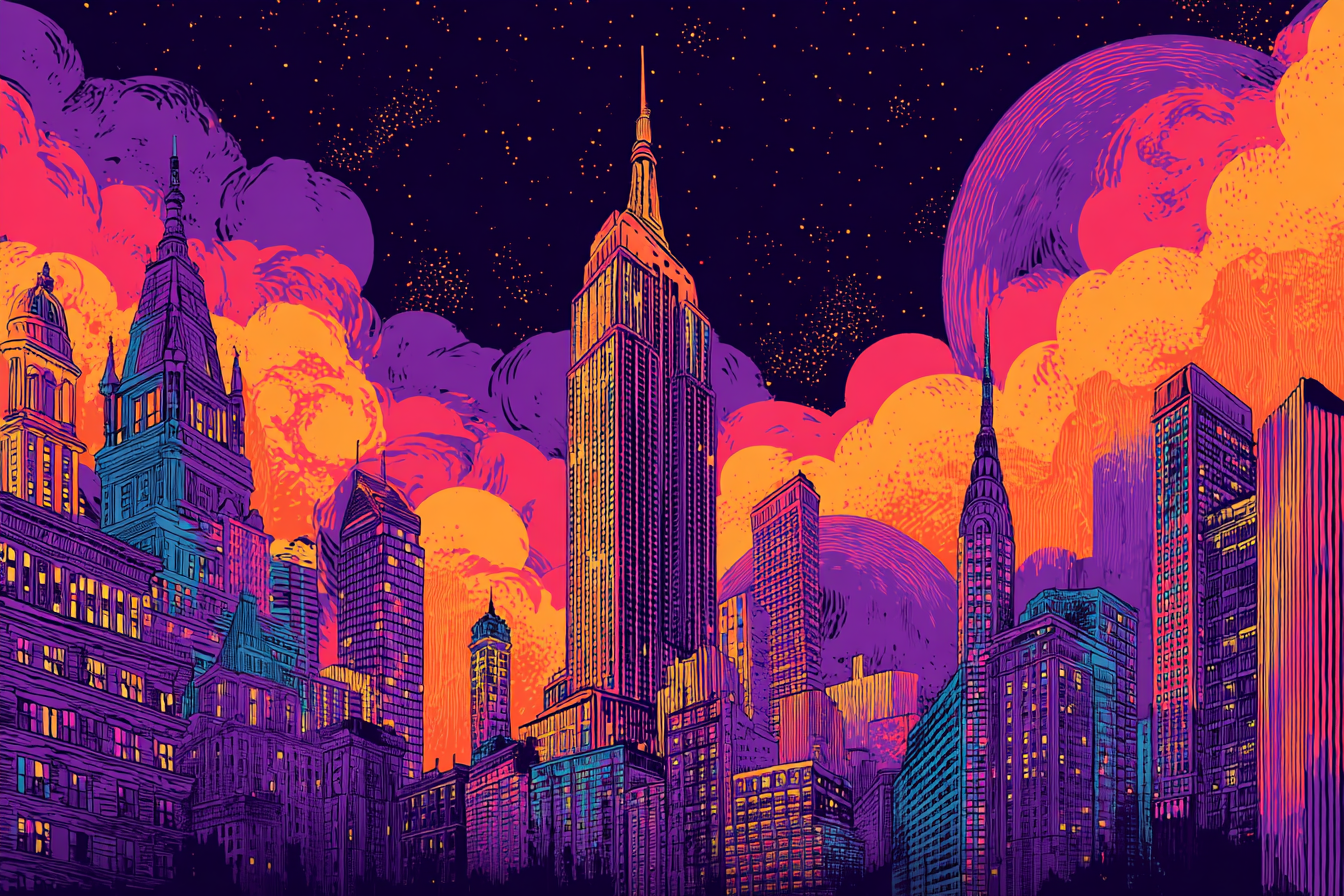 PopArt Stadtbild Wolkenkratzer Futuristische Traumlandschaft | Pop Art | Stilrichtungen
