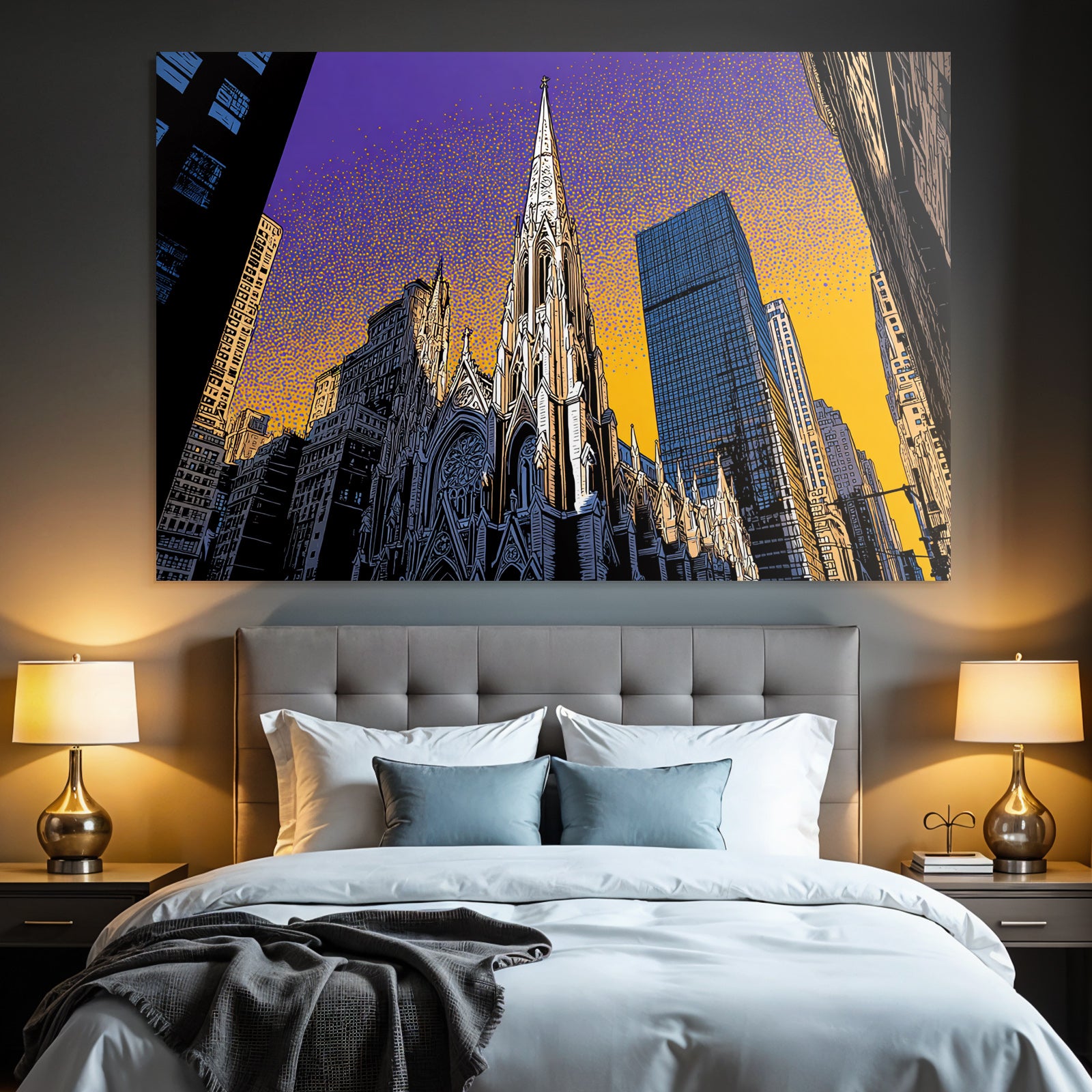 PopArt Stadtbild Mit Kirche Und Modernen Skyscrapern Im Popart Stil