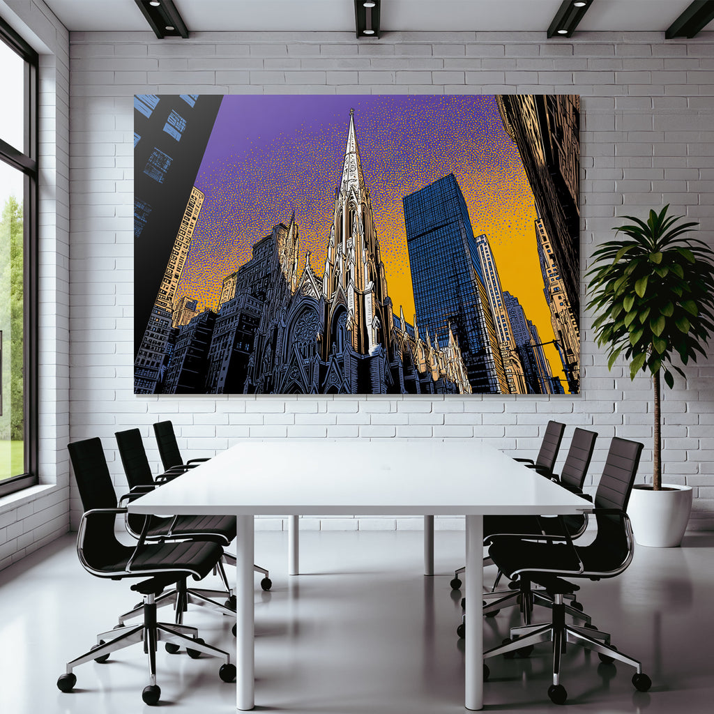 PopArt Stadtbild Mit Kirche Und Modernen Skyscrapern Im Popart Stil