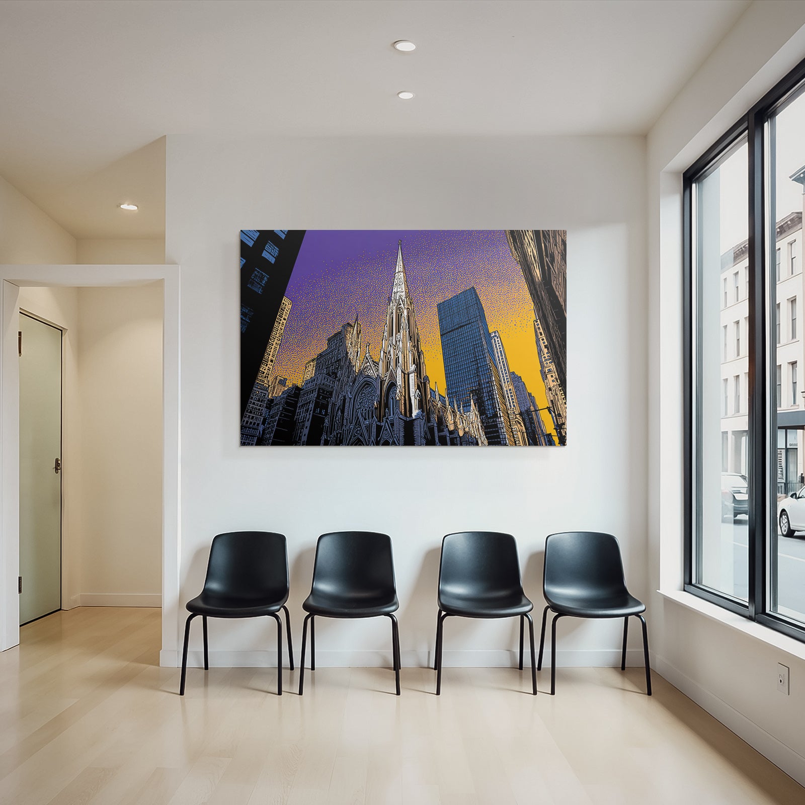 PopArt Stadtbild Mit Kirche Und Modernen Skyscrapern Im Popart Stil