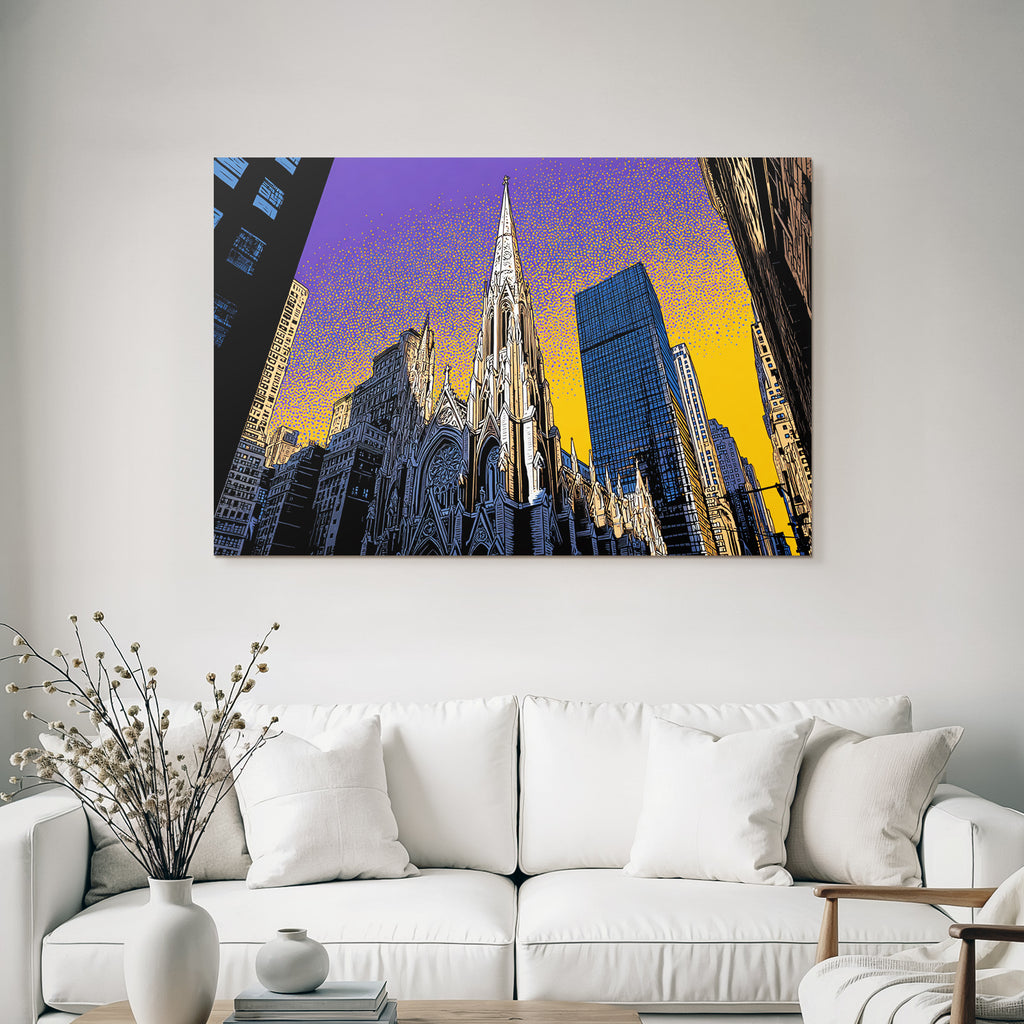PopArt Stadtbild Mit Kirche Und Modernen Skyscrapern Im Popart Stil