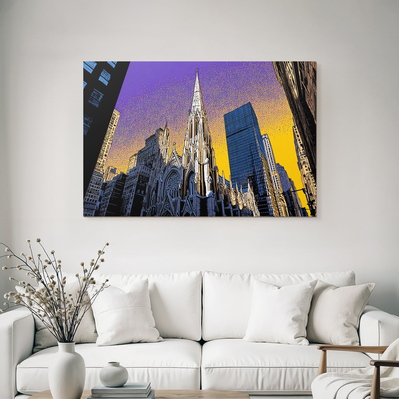 PopArt Stadtbild Mit Kirche Und Modernen Skyscrapern Im Popart Stil