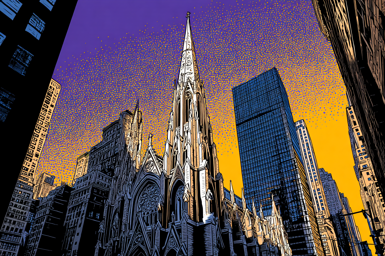 PopArt Stadtbild Mit Kirche Und Modernen Skyscrapern Im Popart Stil | Pop Art | Stilrichtungen