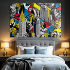 PopArt Stadtlandschaft Mit Hochhaus Und Geometrischen Mustern