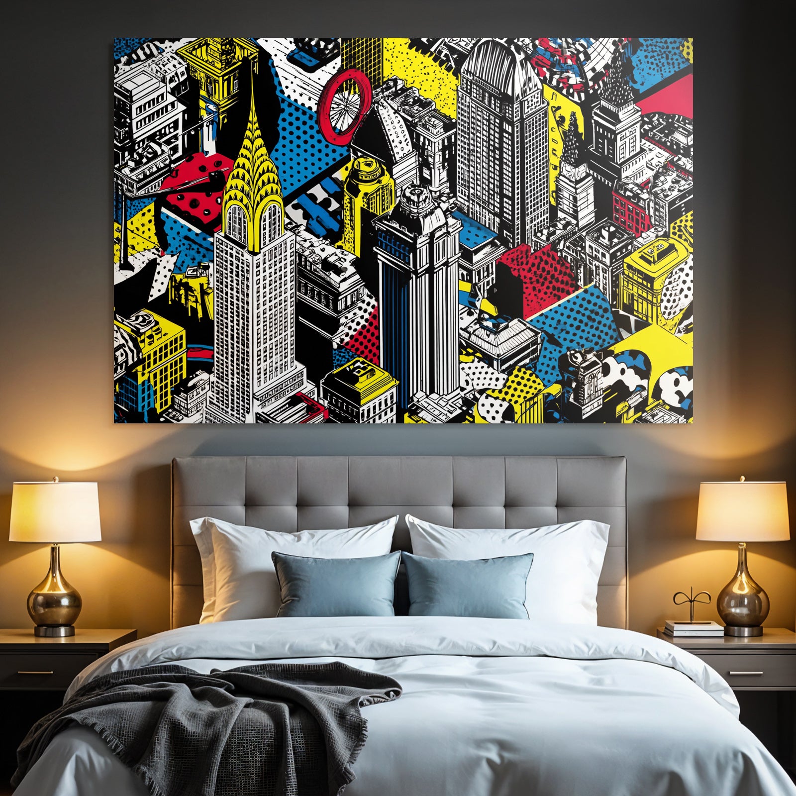 PopArt Stadtlandschaft Mit Hochhaus Und Geometrischen Mustern