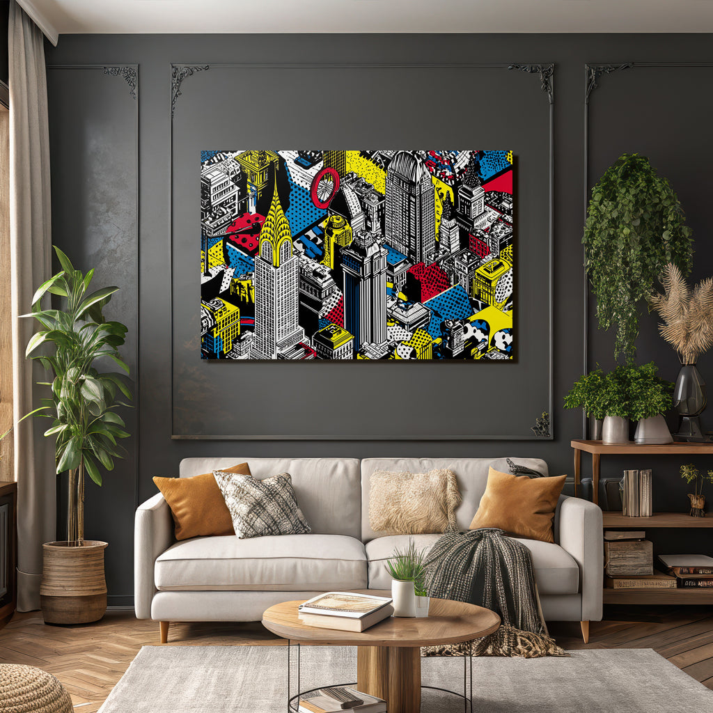 PopArt Stadtlandschaft Mit Hochhaus Und Geometrischen Mustern