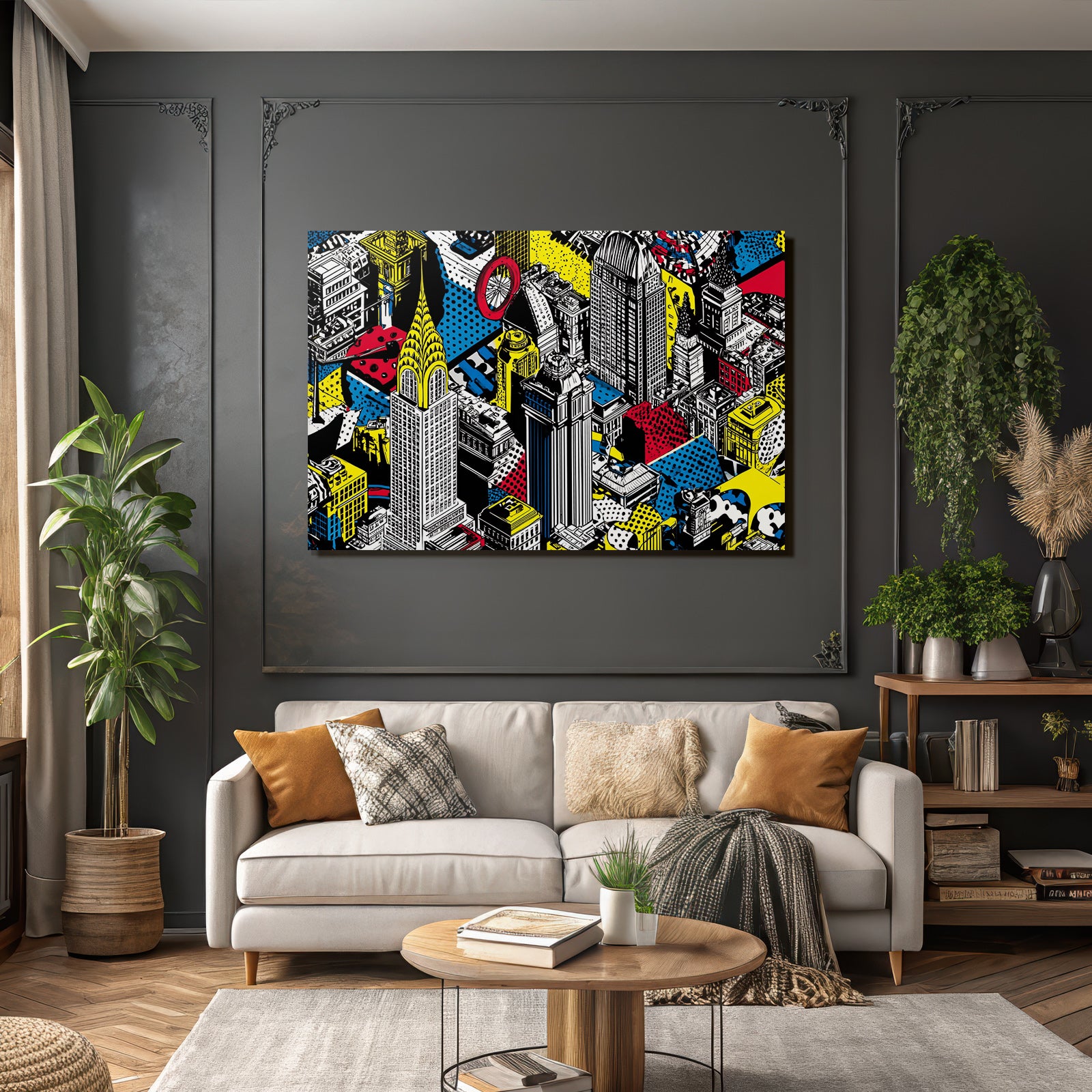 PopArt Stadtlandschaft Mit Hochhaus Und Geometrischen Mustern