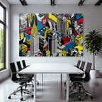 PopArt Stadtlandschaft Mit Hochhaus Und Geometrischen Mustern