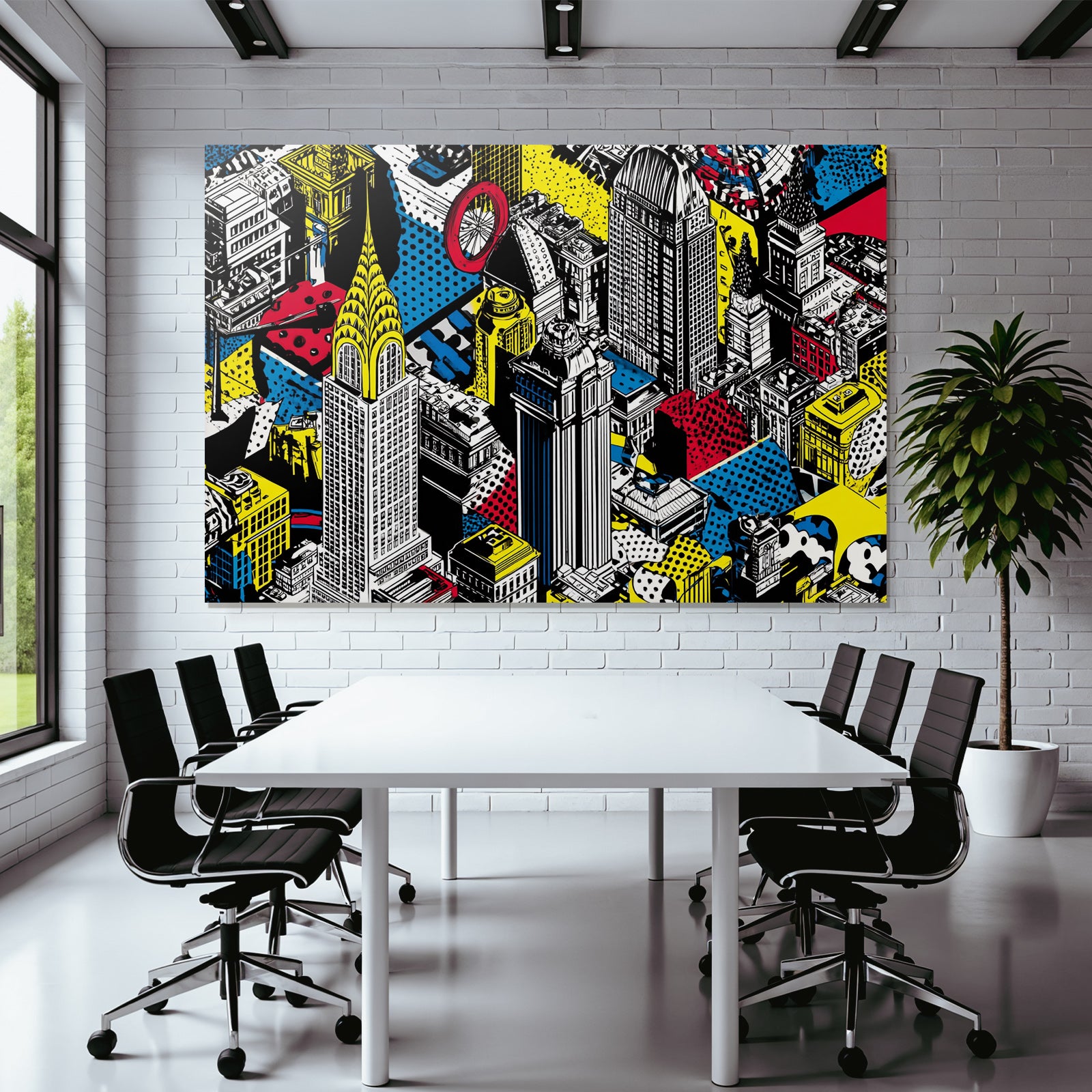 PopArt Stadtlandschaft Mit Hochhaus Und Geometrischen Mustern