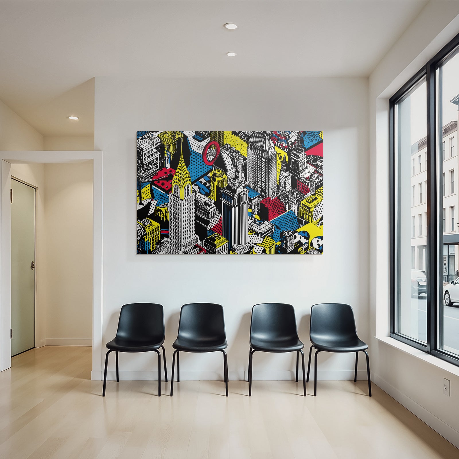 PopArt Stadtlandschaft Mit Hochhaus Und Geometrischen Mustern