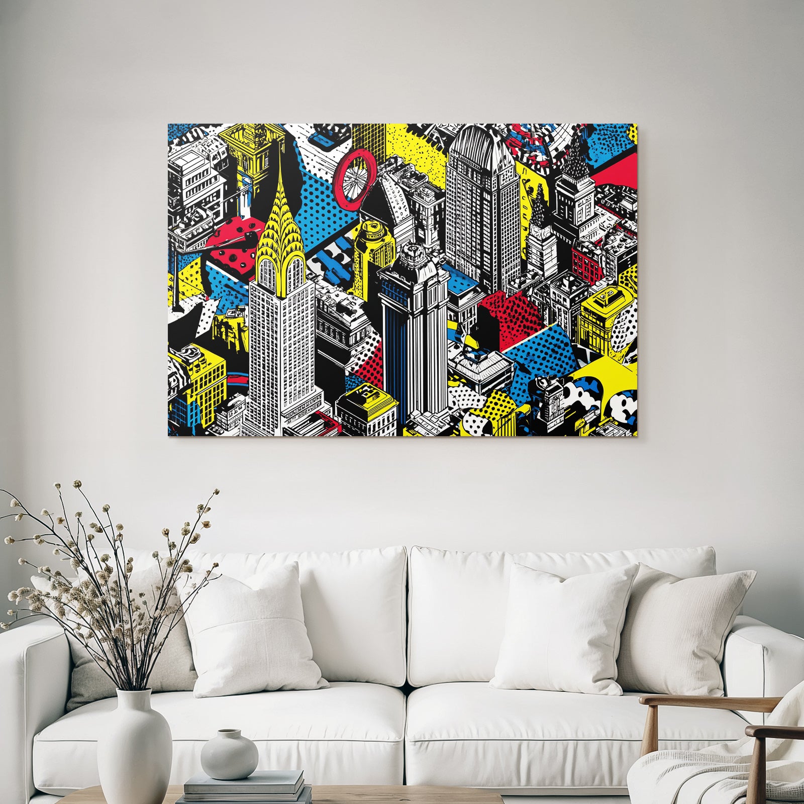 PopArt Stadtlandschaft Mit Hochhaus Und Geometrischen Mustern
