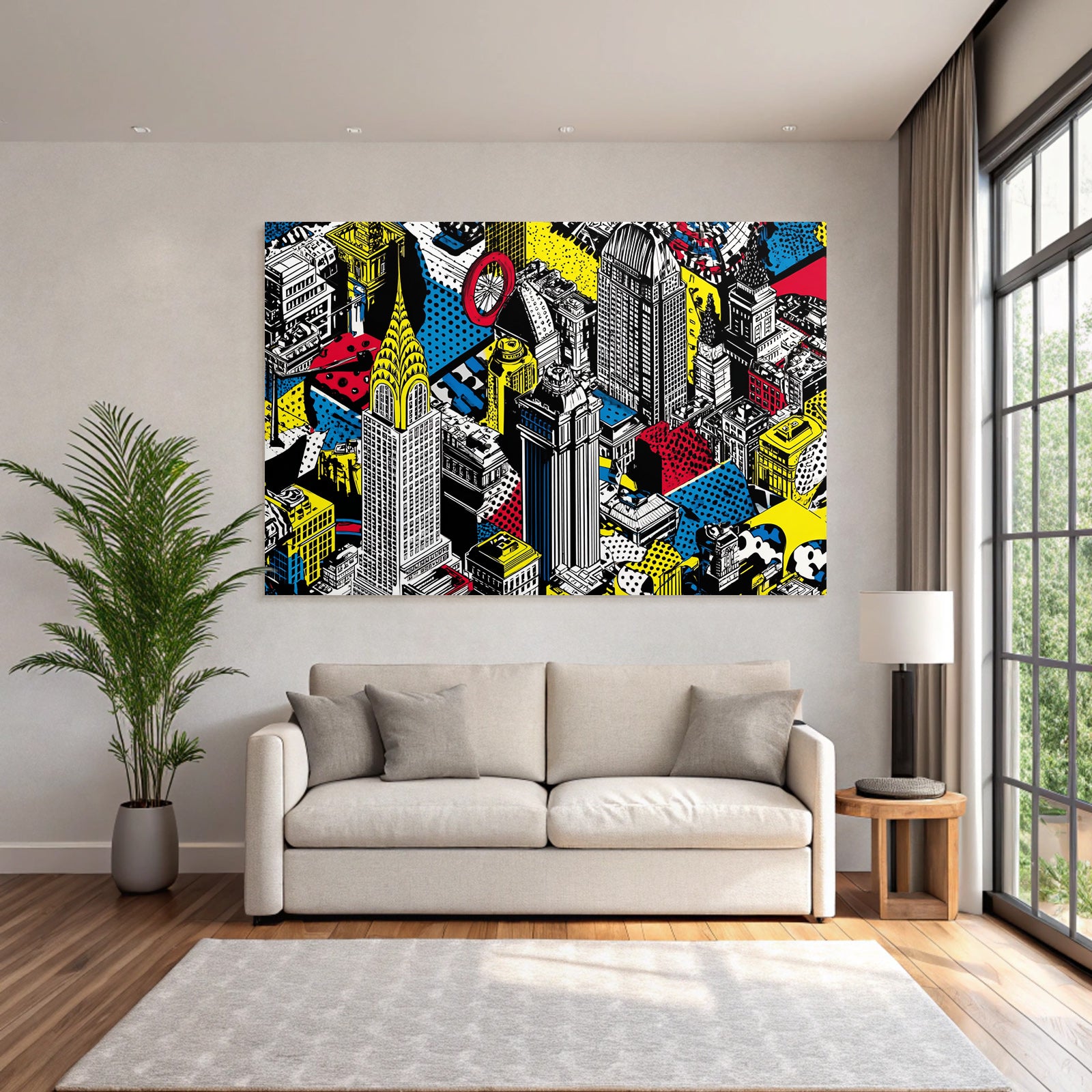 PopArt Stadtlandschaft Mit Hochhaus Und Geometrischen Mustern
