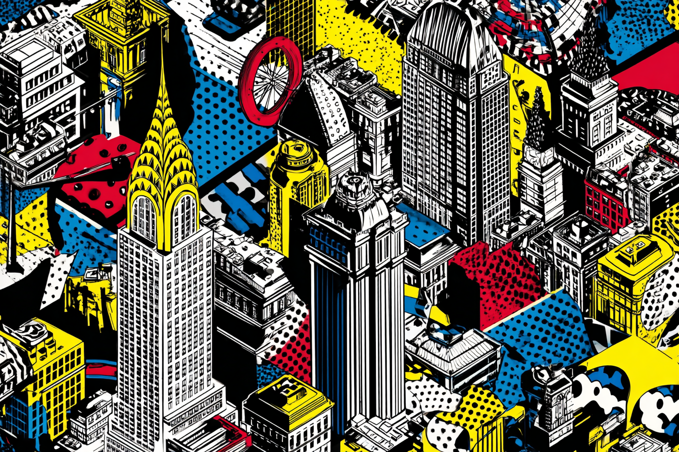 PopArt Stadtlandschaft Mit Hochhaus Und Geometrischen Mustern | Pop Art | Stilrichtungen