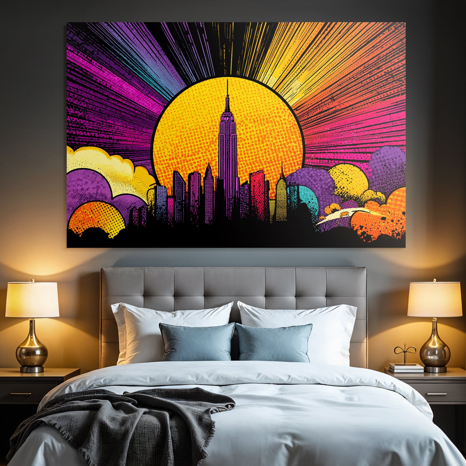 PopArt Stadtsilhoütte Im Popart Stil Empirestate Gebaeude Mit Sonnenhintergrund