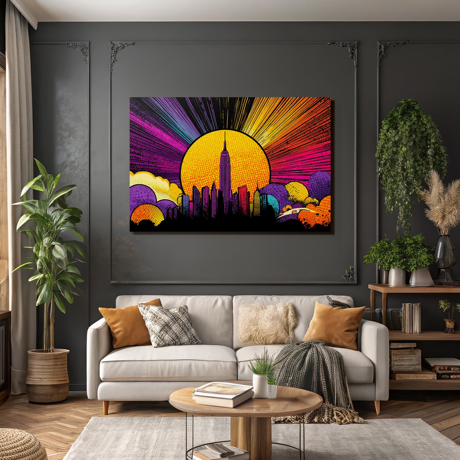 PopArt Stadtsilhoütte Im Popart Stil Empirestate Gebaeude Mit Sonnenhintergrund