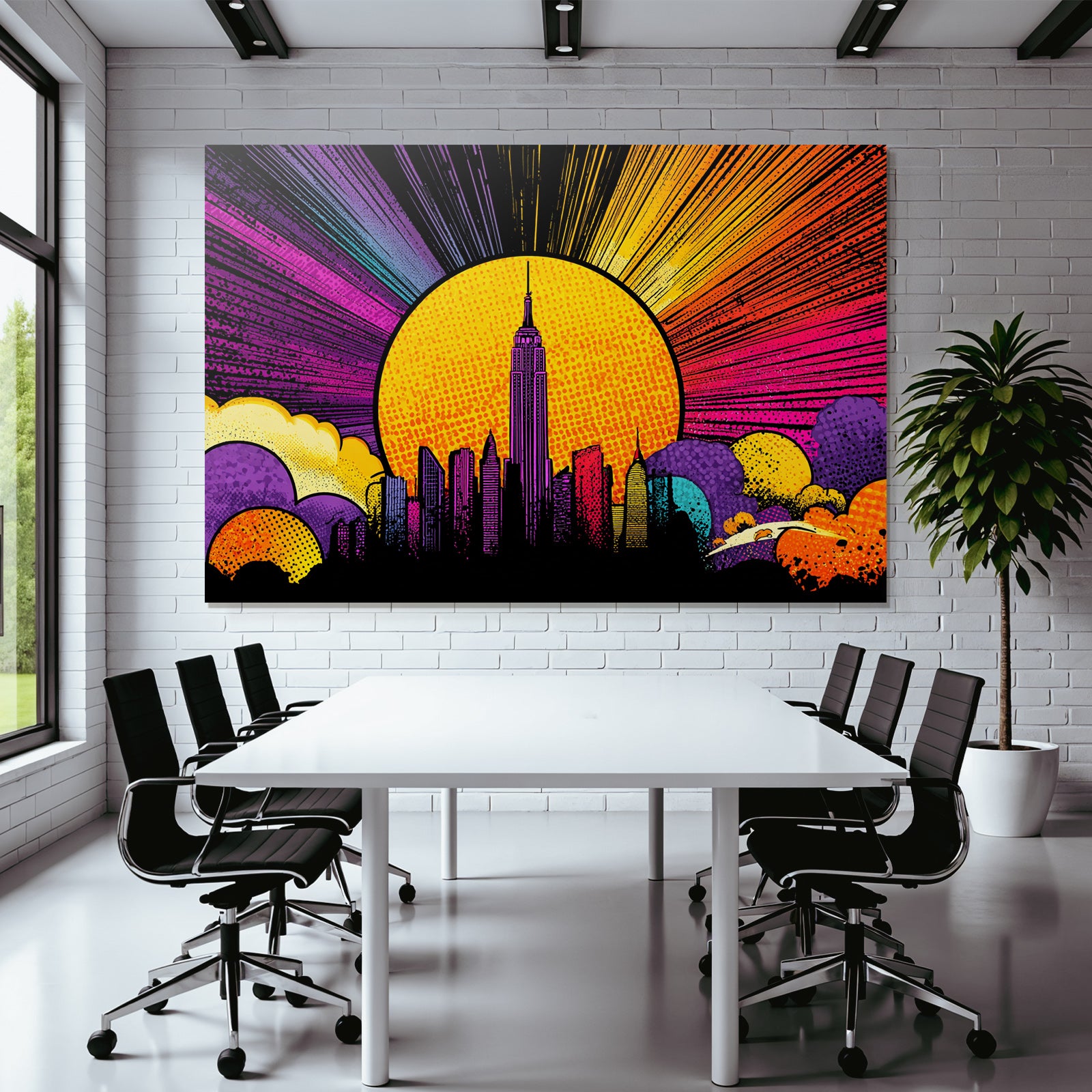 PopArt Stadtsilhoütte Im Popart Stil Empirestate Gebaeude Mit Sonnenhintergrund