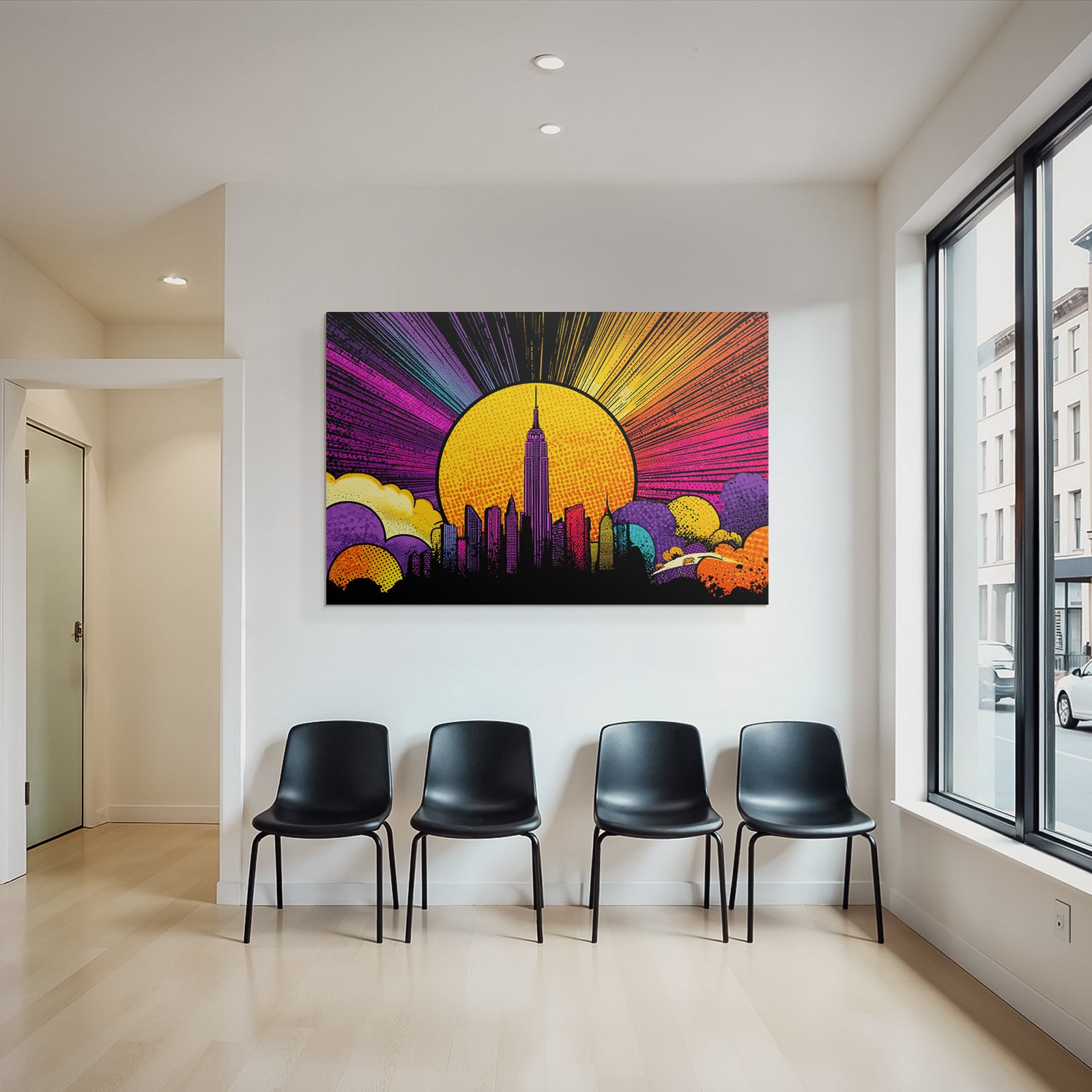 PopArt Stadtsilhoütte Im Popart Stil Empirestate Gebaeude Mit Sonnenhintergrund