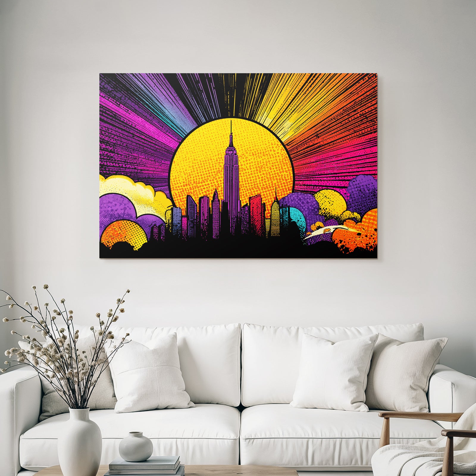PopArt Stadtsilhoütte Im Popart Stil Empirestate Gebaeude Mit Sonnenhintergrund