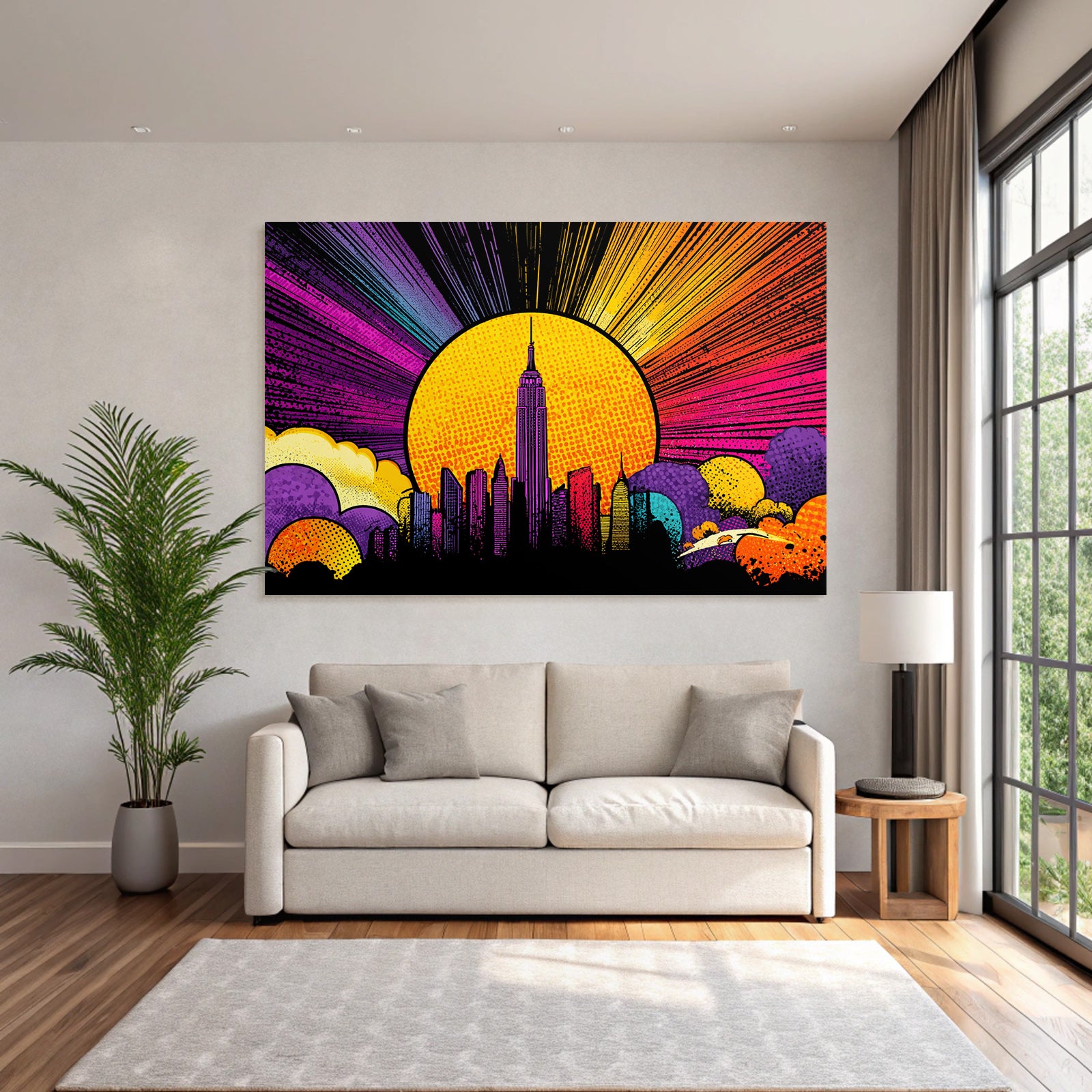 PopArt Stadtsilhoütte Im Popart Stil Empirestate Gebaeude Mit Sonnenhintergrund